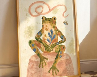 Patterned Floral Frog Wall Art, Cottagecore Vintage Home Decor, Garden Frog Wall Art