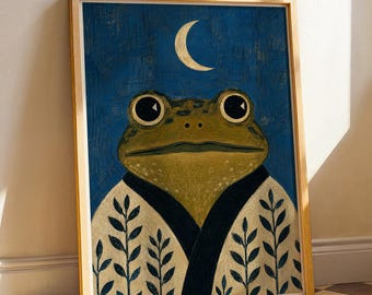 Vintage Celestial Frog Wall Art, Home Decor, Moon Themed Frog Portrait