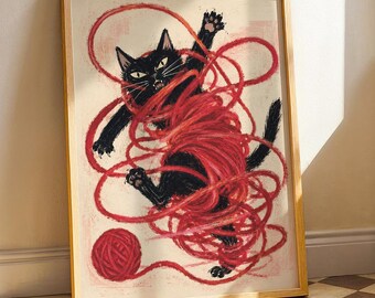 Black Cat Yarn Art Print, Mid Century Modern Folk Poster, Funny Tangled Red String Illustration, Quirky Animal Wall Decor, Pet Gift