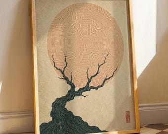 May include: A framed rectangular wall art print featuring a dark green, textured tree silhouette against a large, light tan circular sun composed of fine concentric lines. The artwork includes a small red rectangular stamp in the bottom right corner.