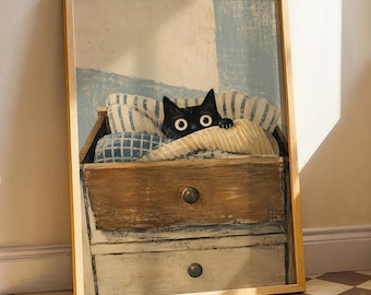 Whimsical Vintage Black Cat Wall Art, Animal Feline Home Decor, Playful Folk Cat Artwork