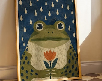 Floral Gouache Textured Frog Wall Art, Japandi Style Frog Art, Rustic Vintage Home Decor