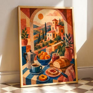 May include: A framed art print depicting a Mediterranean landscape viewed through an archway. The foreground shows a table with a blue and white checkered cloth, a moka pot, a bowl of oranges, a loaf of bread, and a cup of coffee.