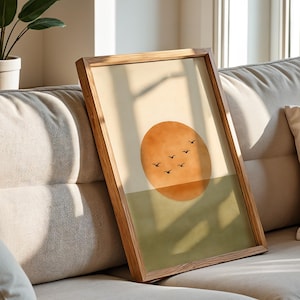 Minimalist Flying Birds Art Print Over Sunset Background | Japandi Aesthetic Decor | Simple Nature Illustration | Scandinavian Minimalist