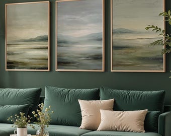 Arte murale con paesaggio verde salvia, set di 3 stampe minimaliste, uccelli che volano su uno sfondo astratto verde salvia, trittico Japandi