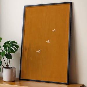 Minimalist Flying Birds Art Print On Orange Background | Japandi Aesthetic Decor | Simple Nature Illustration | Scandinavian Minimalist