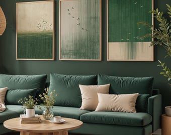 Set of 3 Minimalist Flying Birds Art Print Over Sage Green Background | Japandi Aesthetic Decor |  Scandinavian Minimalist Wall Art