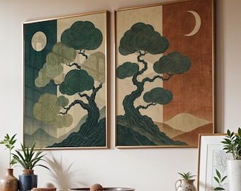 Japandi Wall Art Set of 2, Wabi Sabi Bonsai Tree Prints, Sage Green Earth Tone Wall Decor