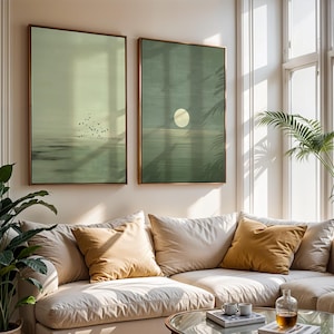 Japandi-inspired set of 2 sage green posters featuring minimalist water patterns and a circular moon motif, perfect for neutral Scandinavian wall décor