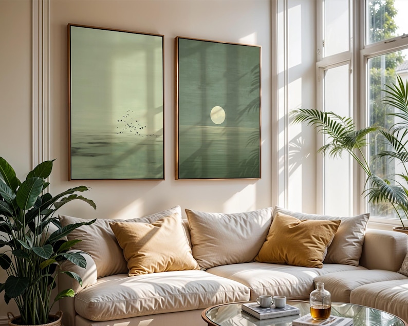 Japandi-inspired set of 2 sage green posters featuring minimalist water patterns and a circular moon motif, perfect for neutral Scandinavian wall décor