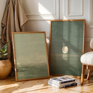 Japandi-inspired set of 2 landscape prints depicting peaceful water textures and a simple circular moon form, ideal for minimalist Scandinavian décor