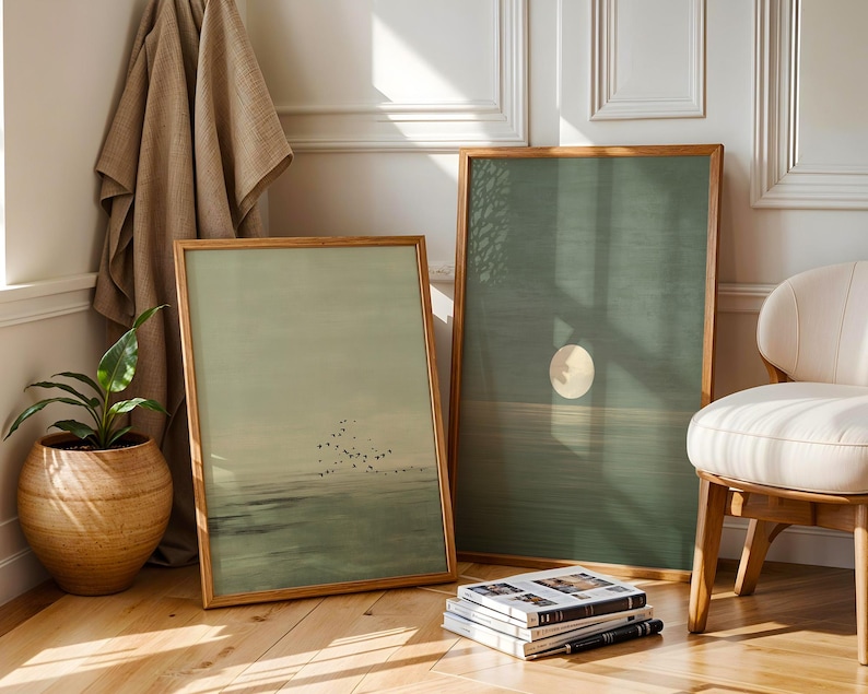 Japandi-inspired set of 2 landscape prints depicting peaceful water textures and a simple circular moon form, ideal for minimalist Scandinavian décor