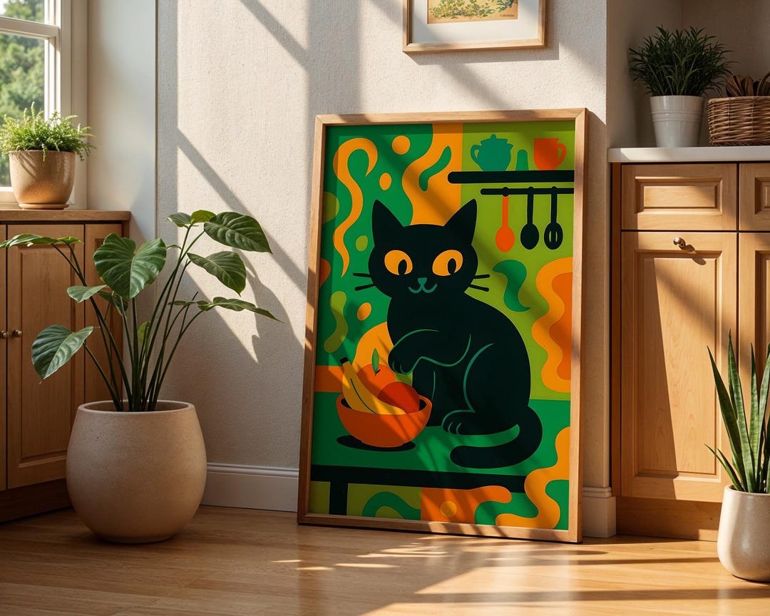 black cat chef art print: boho kitchen cooking poster... Black Cat Kitchen Art Print, Whimsical Fruit Bowl Poster - Etsy