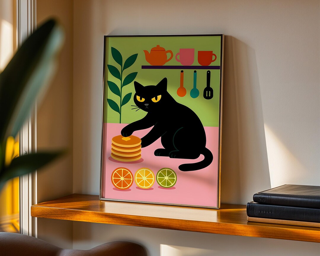 black cat chef art print: boho kitchen cooking poster... Black Cat Kitchen Art Print, Playful Cat and Pancake Wall Decor for ...