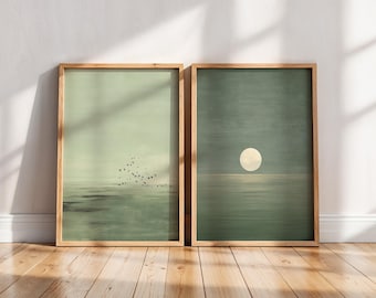 Japandi Wall Art Set of 2, Minimalist Sage Green Sunset Print, Scandinavian Zen Decor, Abstract Landscape Artwork, Earth Tones Boho Wall Art