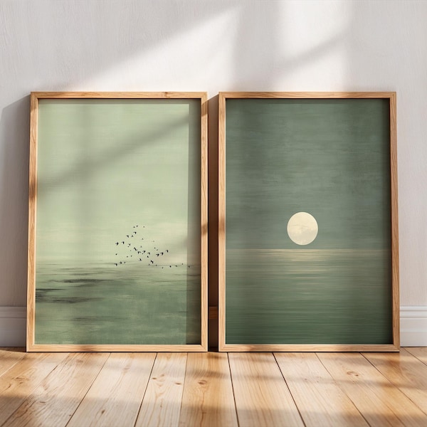Japandi Wall Art Set of 2, Minimalist Sage Green Sunset Print, Scandinavian Zen Decor, Abstract Landscape Artwork, Earth Tones Boho Wall Art