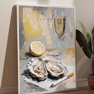 Oyster Art Print With Lemon | Beachy Wall Decor | Textured Oil Painting | Coastal Cowgirl Kitchen Print | Seashell Wall Art | Kitchen Poster