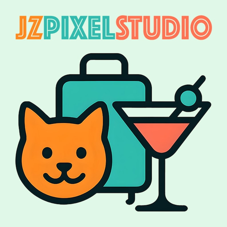 May include: A digital illustration featuring a cartoon orange cat, a teal suitcase, and a cocktail in a martini glass. The text "JZPIXELSTUDIO" is displayed in orange and red.