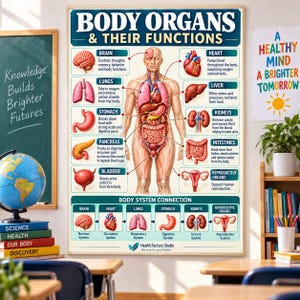 May include: An educational poster titled Body Organs & Their Functions featuring a central human anatomical diagram with labeled illustrations of the brain, heart, lungs, liver, stomach, kidneys, pancreas, intestines, and bladder with descriptions.