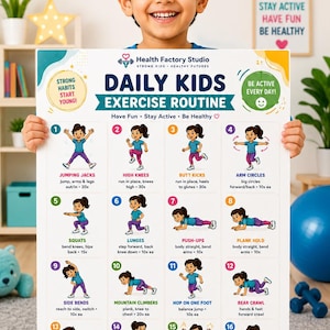 Peut inclure: Une affiche imprimable intitulée Daily Kids Exercise Routine de Health Factory Studio, présentant 16 illustrations numérotées d'un enfant effectuant diverses activités physiques comme des sauts, des squats et des fentes avec du texte explicatif.