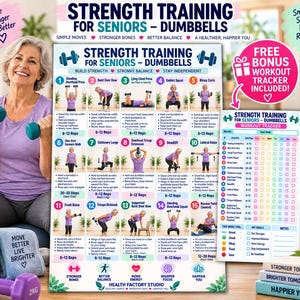 May include: A strength training for seniors dumbbell workout poster and tracker set. The poster displays fifteen numbered exercise illustrations with instructions. A matching tracker sheet includes a grid for logging progress and goals.