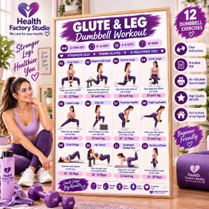 Könnte beinhalten: Ein gerahmtes Poster mit dem Titel Glute & Leg Dumbbell Workout, das 12 nummerierte Übungsillustrationen mit Anleitungen, Wiederholungszahlen und Satzempfehlungen zeigt. Die weiß-violette Grafik enthält Text zu 12 Übungen, druckbaren PDF-Optionen und einer hochwertigen 300-DPI-Auflösung.