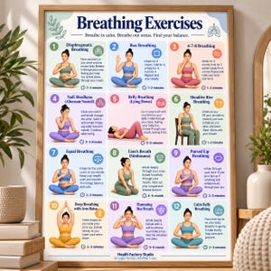 Könnte beinhalten: Ein gerahmtes Lehrplakat mit dem Titel Breathing Exercises, das zwölf nummerierte Illustrationen einer Person zeigt, die verschiedene Atemtechniken mit Anleitungen und Zeitangaben für jede Methode auf hellem Hintergrund darstellt.