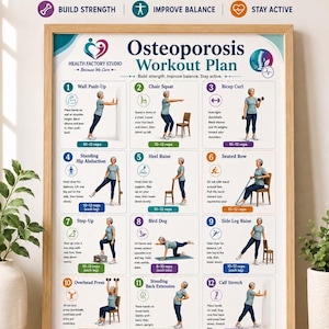 Può includere: Un poster incorniciato intitolato Osteoporosis Workout Plan che mostra 12 esercizi numerati per anziani, tra cui piegamenti al muro, squat e curl per bicipiti. Il grafico include istruzioni testuali, conteggio delle ripetizioni e consigli di sicurezza.