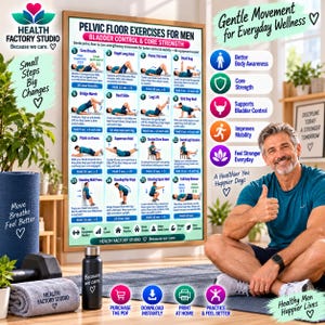 May include: A wall poster titled Pelvic Floor Exercises for Men featuring sixteen numbered illustrations of exercise routines with instructional text, alongside a man sitting on a mat, a water bottle, a dumbbell, and a folded gray towel.