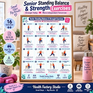 May include: A framed instructional poster titled Senior Standing Balance & Strength Exercises featuring 16 illustrated movements for seniors, including heel raises, squats, and lunges, with text instructions and repetition counts for each exercise.