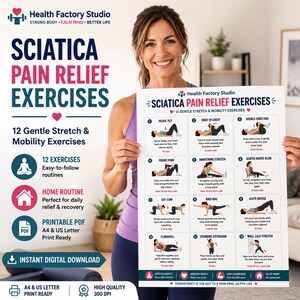 Pode incluir: Um cartaz informativo branco intitulado Sciatica Pain Relief Exercises apresentando 12 rotinas ilustradas de alongamento e mobilidade. O cartaz inclui diagramas numerados com instruções para movimentos como inclinações pélvicas e pontes.
