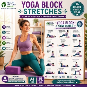 May include: A digital poster titled Yoga Block Stretches featuring 15 illustrated yoga poses with instructions. The poster includes the text Health Factory Studio, Breathe Stretch Relax, and details for A4 and US Letter size instant digital downloads.