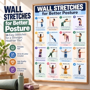 Può includere: Un poster didattico incorniciato intitolato WALL STRETCHES for Better Posture, che presenta 16 illustrazioni numerate di esercizi con istruzioni testuali. Il poster include un elenco di 16 semplici allungamenti, oltre a icone per PDF stampabile, formati A4 e US Letter, alta qualità 300 DPI, e chiaro e facile da seguire.