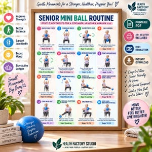 Pode incluir: Um cartaz instrutivo emoldurado intitulado Senior Mini Ball Routine apresentando dezasseis ilustrações de exercícios numeradas com descrições de texto, acompanhado por uma bola azul com o texto Stronger Seniors Brighter Tomorrow.