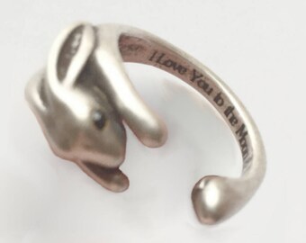 Bunny Ring I Love You to the Moon & Back Secret Message Rabbit Jewelry Antique Silver Custom Anniversary Gifts for Women Moms Daughters Girl