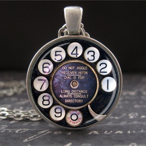 Vintage Telephone Dial Necklace Nostalgic MCM Era Art Jewelry Retro Black Rotary Phone Industrial Age Round Glass Photo Pendant for Women