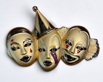 80s Vintage Sad Clown Brooch Large Gold Tone Harlequin Columbine Pierrot Pin Theater Jewelry
