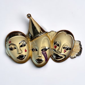 80s Vintage Sad Clown Brooch Large Gold Tone Harlequin Columbine Pierrot Pin Theater Jewelry