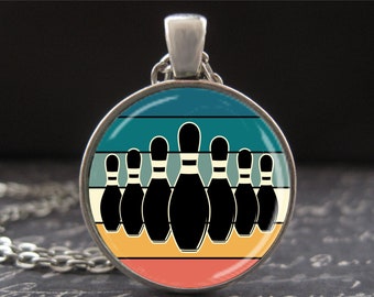 Bowling Necklace Vintage Retro Rainbow Striped Black White Pins & Ball Nostalgic Women's League Team Jewelry Round Glass Photo Pendant