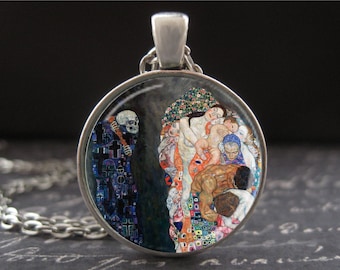 Gustav Klimt Life and Death Painting Necklace Art to Wear Round Glass Pendant Antique Silver Charm and Chain Gifts for Women