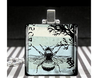 Bee Glass Tile Necklace Spring Blue Silhouette Charm with a Black Grunge Border Insect Jewelry Gifts for Women