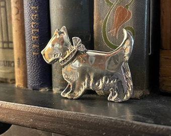 Vintage Scottie Dog Brooch Silver or Gold Tone Pin with Rhinestone Collar Scottish Terrier Gifts for Dog Lovers Women Old Estate Jewelry NOS