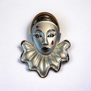 80s Vintage Pierrot Brooch Crying Sad Clown Pin Large Silver Tone Theater Jewelry