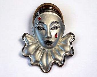 80s Vintage Pierrot Brooch Crying Sad Clown Pin Large Silver Tone Theater Jewelry