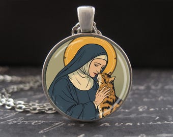 St. Gertrude of Nivelles Medal Patron Saint of Cats and Those Who Love Them Necklace Catholic Jewelry Cat Lady Gifts