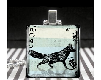Stocking Stuffer Christmas Gifts for Teens Girls Fox Jewelry Glass Pendant Necklace Blue  with Black Grunge Border Woodland Animal Jewelry