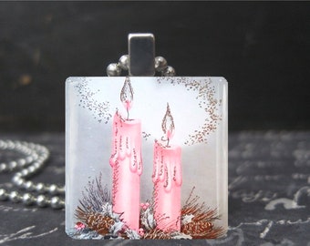 Kitsch Vintage Christmas Necklace Retro Pink and White Candles MCM Art Necklace 50's Pendant Glass Cute Holiday Jewelry