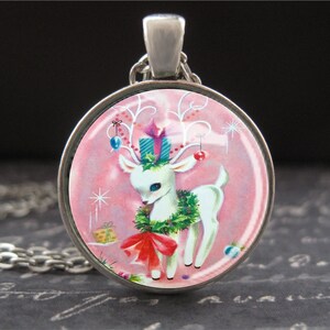 Kitschy Pink & White Reindeer Necklace Retro Style Christmas Pendant Vintage Kitsch Deer Art Jewelry Round Domed Glass Cute Holiday Gift