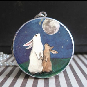I Love You to The Moon and Back Necklace Two Bunnies Locket Silver Bunny Jewelry Custom Photo Pendant Personalized Gifts for Moms Kids Girls