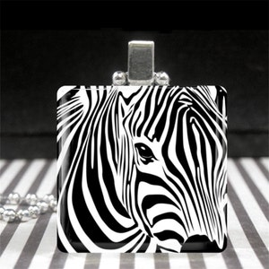 Zebra Jewelry Zebra Necklace Pendant Glass Tile Charm Unusual Exotic African Wild Animal Lover Gift for Women Girls Teens Black White Silver